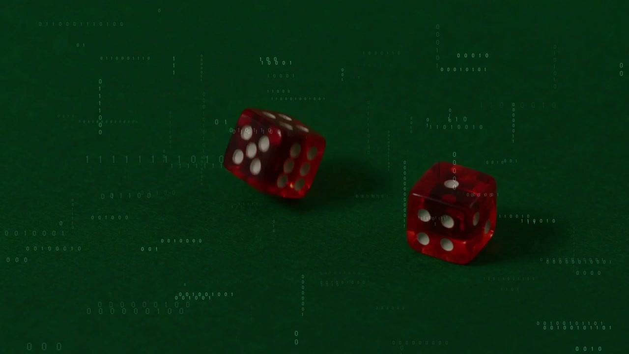 Entrada superior lanzando dados rojos que caen sobre fieltro verde, revelando el resultado con una matriz.