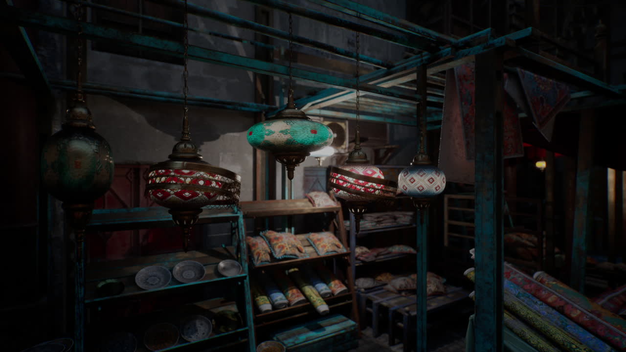 lámparas coloridas colgando en un mercado de oriente medio