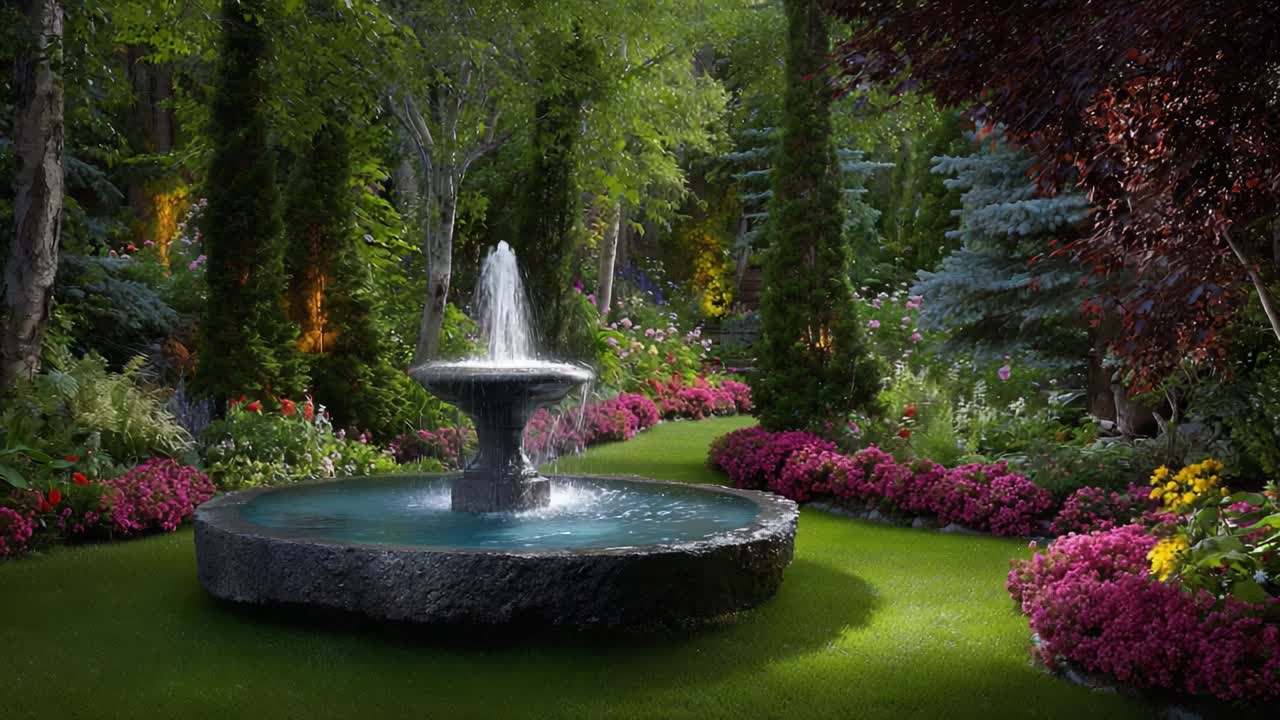 Una tranquilla scena di giardino con una maestosa fontana circondata da una vegetazione lussureggiante e fiori vivaci, creando un'atmosfera serena di bellezza naturale.