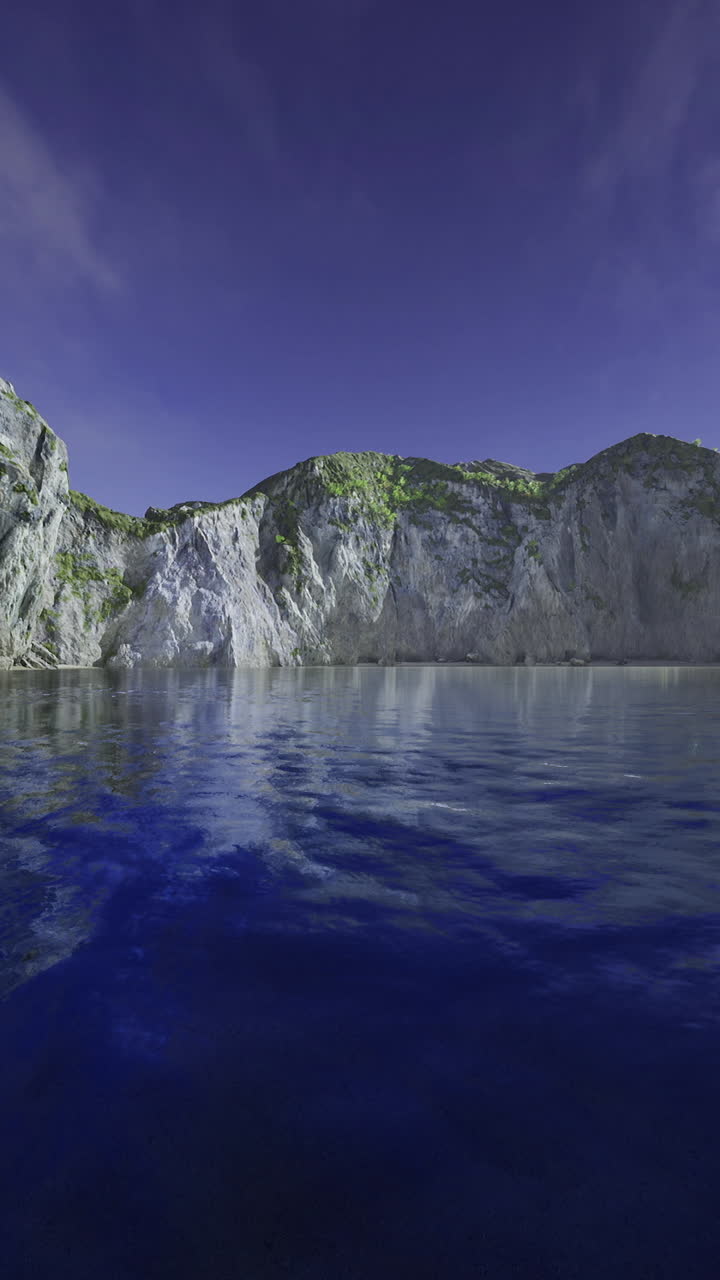 Majestic rocky cliffs reflected in serene waters under vibrant blue sky