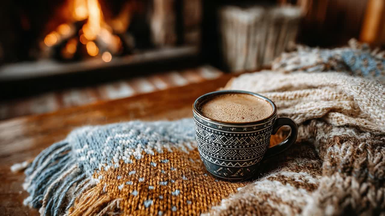 A Cozy Scene Featuring a Warm Cup of Coffee Resting on a Textured Blanket Beside a Glowing Fireplace, Evoking Comfort and Relaxation in a Rustic Setting
