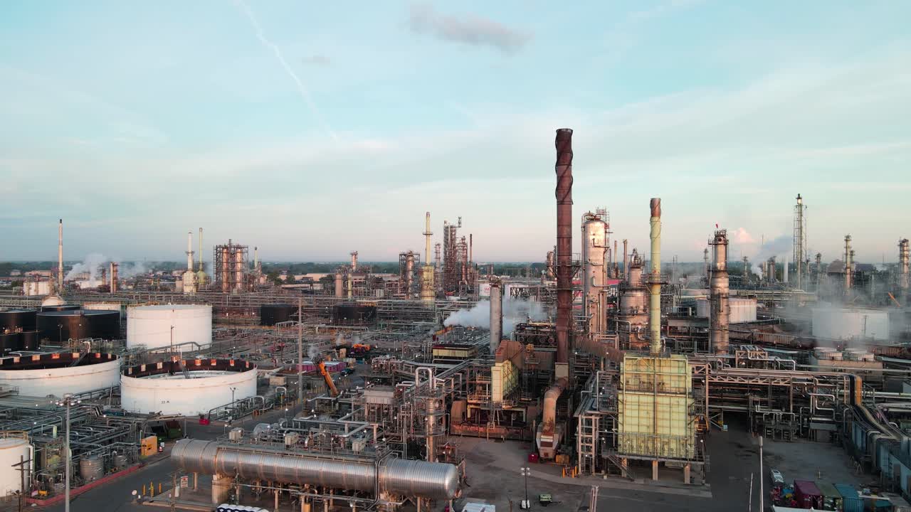 refinería de petróleo de maratón en detroit, vista aérea de drones