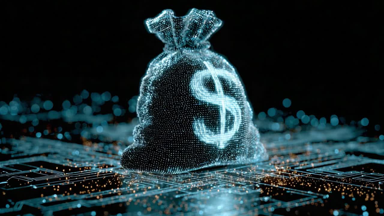 Exploring the Digital Landscape of Wealth: A Futuristic Representation of a Money Bag Symbolizing Currency and Financial Transactions in a High-Tech Environment
