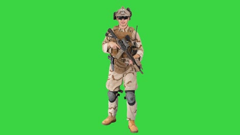 soldier standing and talking to you on a green screen, chroma key