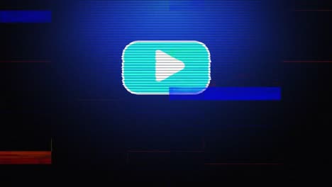 Animation-of-blue-and-white-play-symbol-on-blue-lined-screen-with-colourful-interference