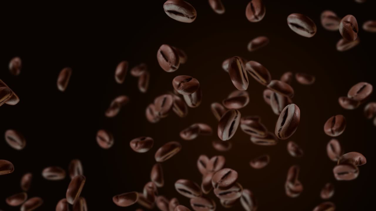 Chicchi di caffè tostati marroni che cadono e volano su sfondo nero in loop. Animazione con sfondo green screen.
