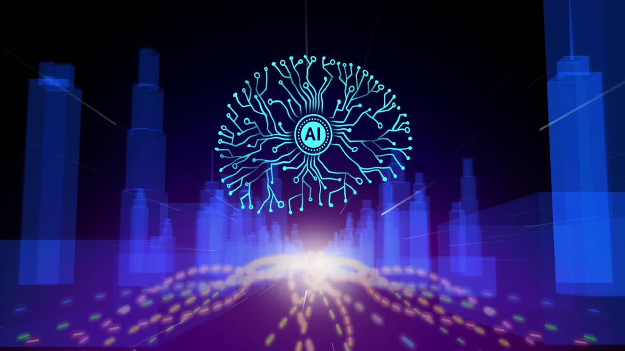 animación de texto ai, cerebro humano y procesamiento de datos digitales sobre fondo negro