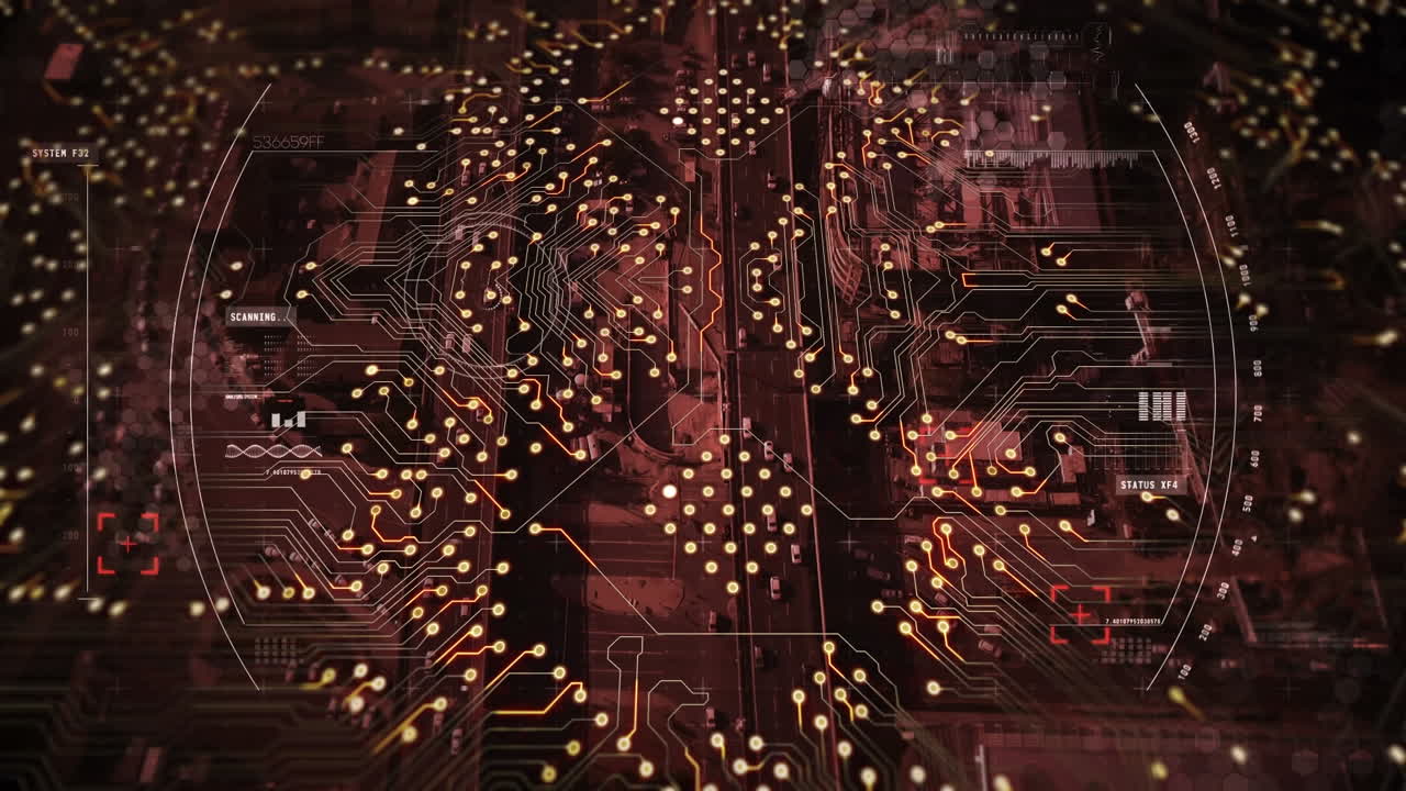 animación de circuitos integrados sobre el tráfico vial y el paisaje urbano