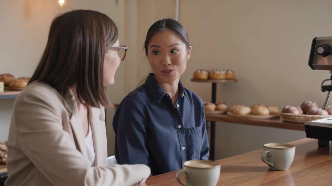 左を向いたブレザー姿の女性が、紺色のシャツの女性の方を向き、カップが置かれたカウンターでジェスチャーを交えながらおしゃべりしている。