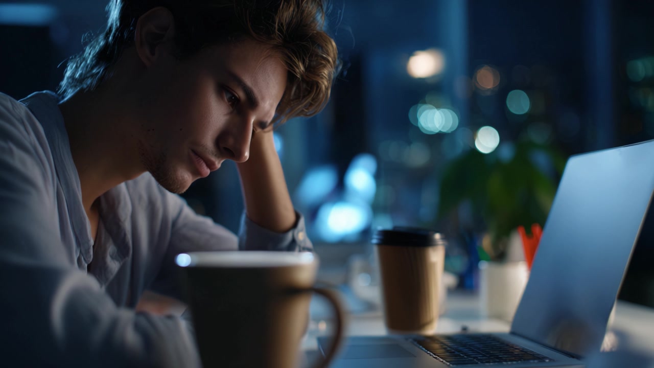 Young man in a dimly lit room struggles with stress and fatigue while working late at night, surrounded by coffee cups and a laptop, losing focus and energy.
