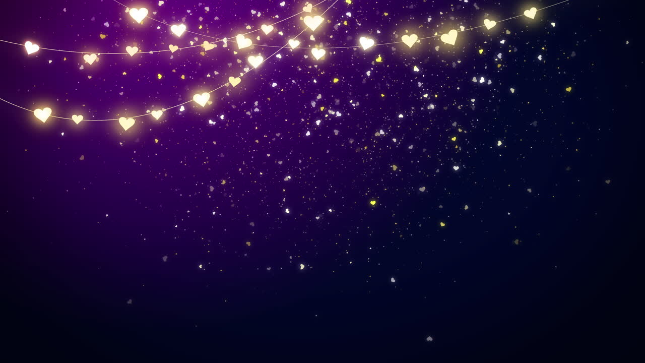 Festive Valentine's Day glowing garland frame on purple background with falling shiny confetti. Shapes of hearts. Looped animation with space for text.