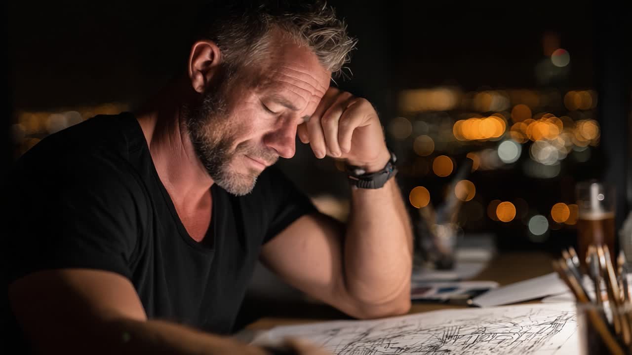 Un Artista Contemplativo Profondamente Assorto: Catturare il Processo Creativo nel Bagliore delle Luci Serale