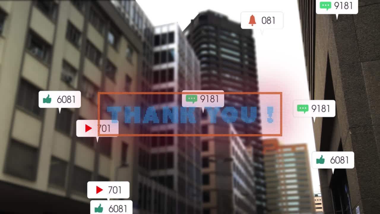 도시 풍경 위에서 성장하는 감사 텍스트와 숫자의 애니메이션