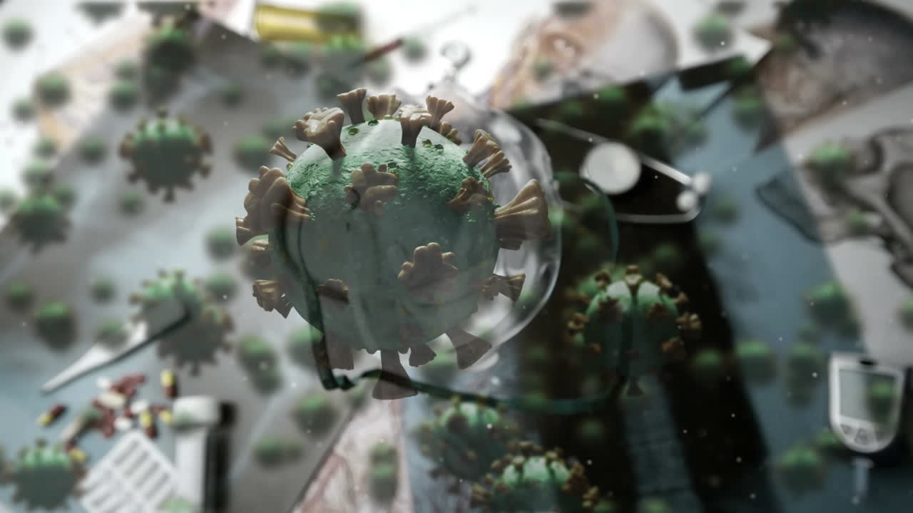 animación de células macro covid-19 flotando sobre la caída de la máscara en el equipo médico