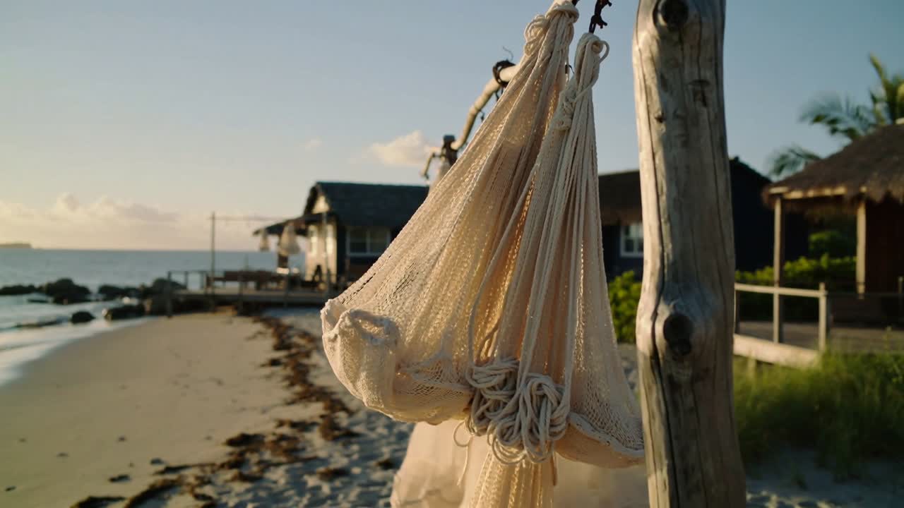 Sacchi a rete beige che ondeggiano, reagendo alla brezza leggera e alla luce dorata su una spiaggia tropicale, creando una scena suggestiva.