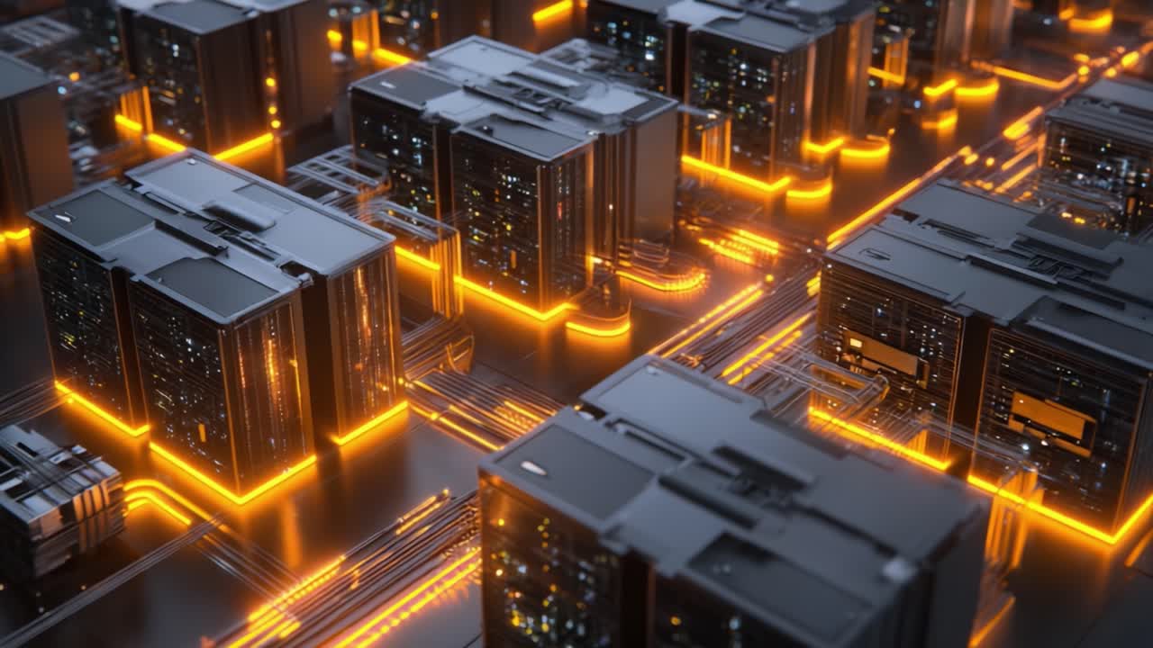 A Stunning Overview of a Futuristic Cyber Cityscape, Enhanced by Glowing Lights and Intricate Circuitry, Showcasing the Heart of Modern Technology and Data Processing