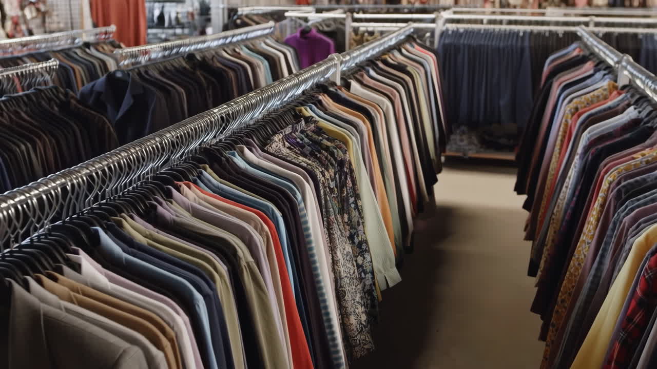Rows of assorted clothes on hangers in a clothing store