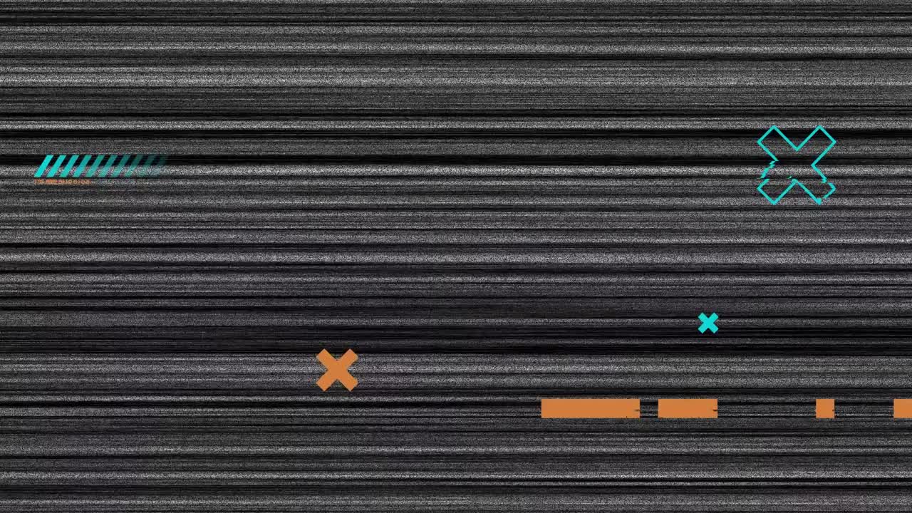 Animation of orange and blue shapes over screen with glitch