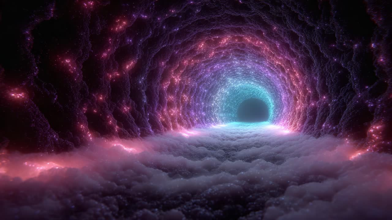 A mesmerizing abstract tunnel leading into a vibrant cosmic realm, featuring swirling clouds and luminous lights that evoke a sense of infinite depth and wonder