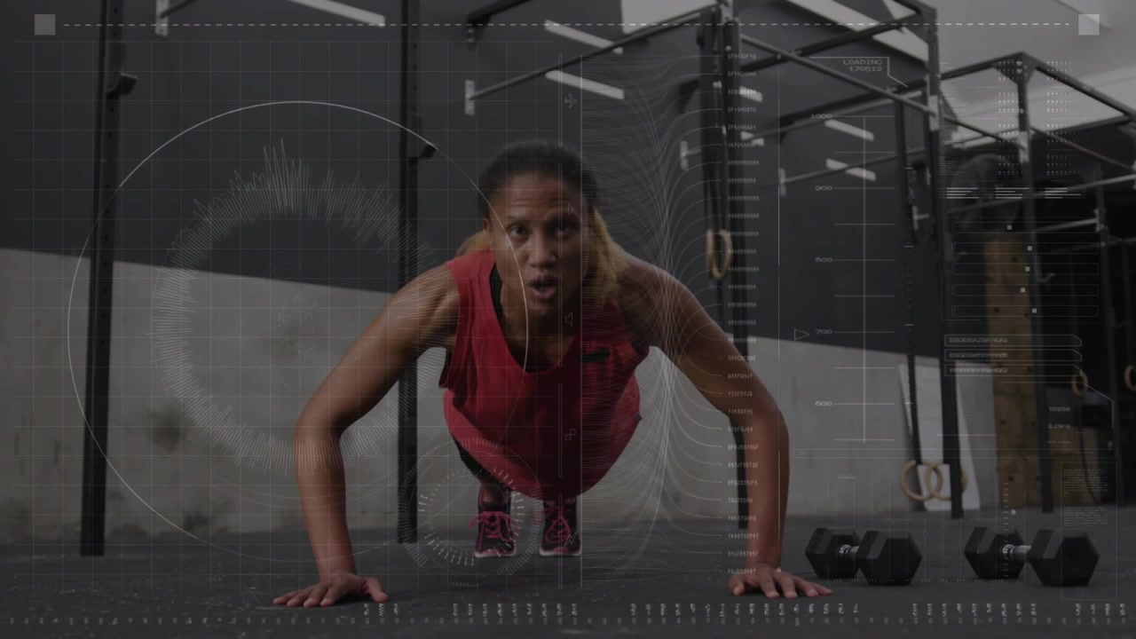 Female athlete starting high plank by rig, performing push-ups for fitness while HUD showing elbow