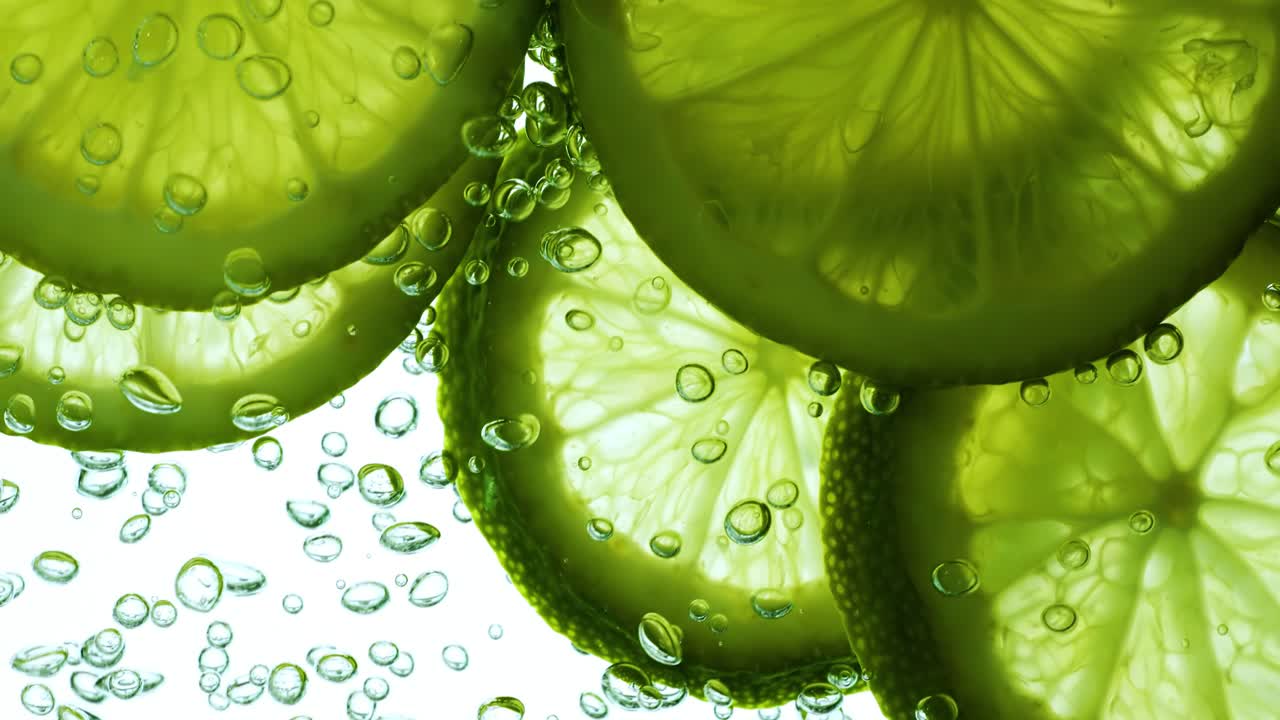 Fette di lime che cadono in profondità nell'acqua. Riprese con telecamera super slow motion a 1000 fps