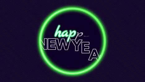 texto de animación feliz año nuevo sobre fondo de moda y club con círculo verde brillante