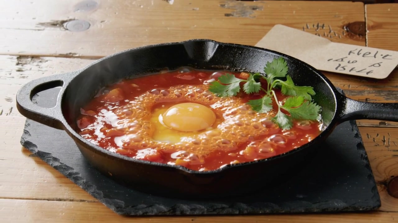 Heating cast-iron skillet simmering tomato sauce and egg yolk to set white on slate trivet