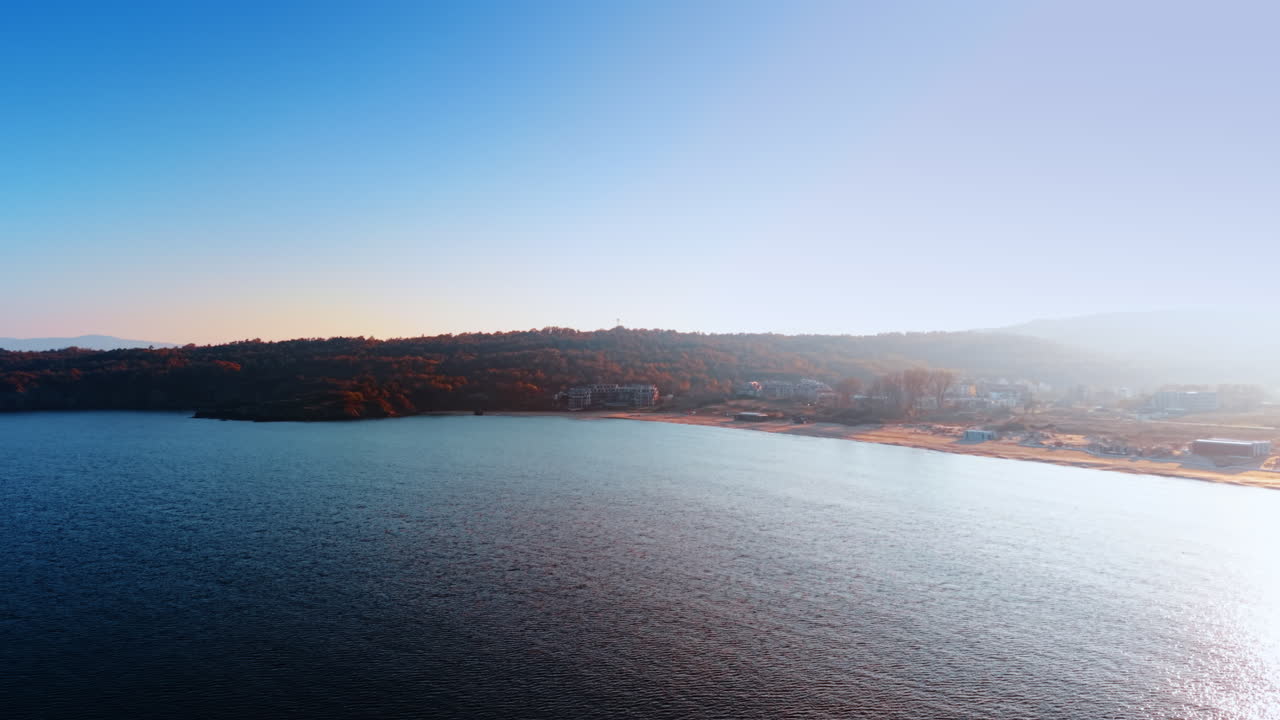 砂浜と沿岸の森の霞んだ空撮。明るく霞んだ空の下、木々が並ぶ海岸線の広角ショット。