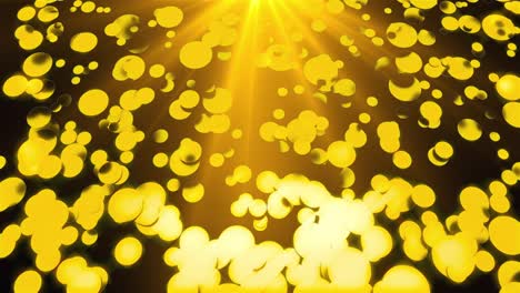 golden rain of round particles with rays of light, 3d rendering. computer generated beautiful background