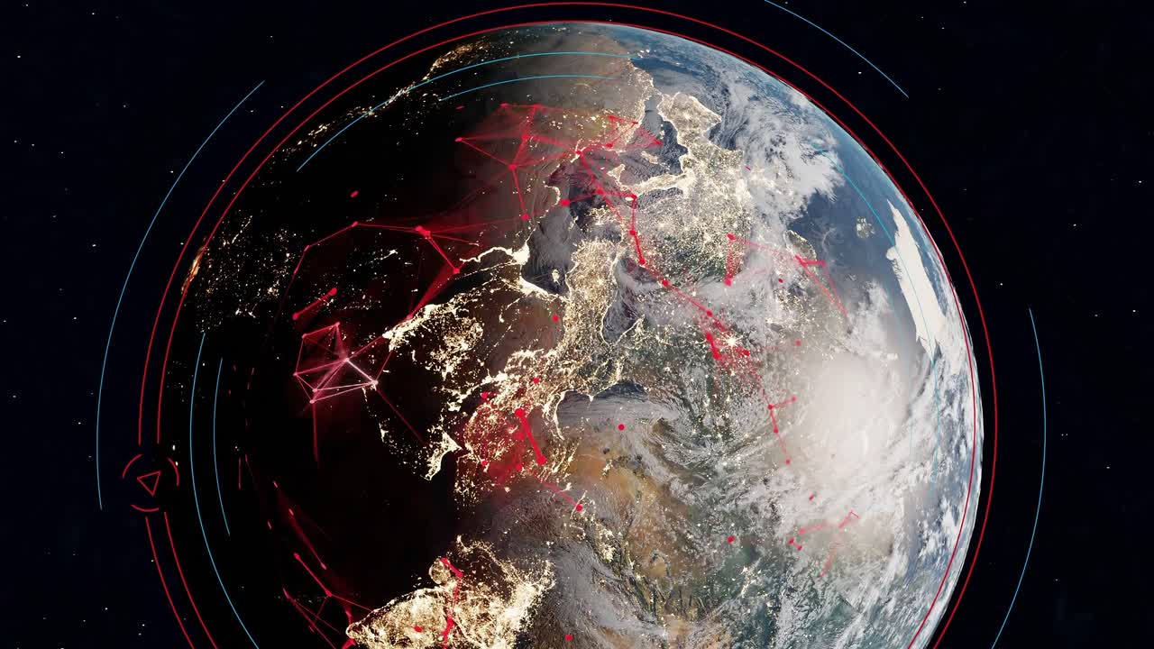 erdglobusansicht dunkler raum mit elektromagnetischer verschmutzung feldverbindung internet zwischen großstadt und lichtverschmutzung 3d-rendering-animation