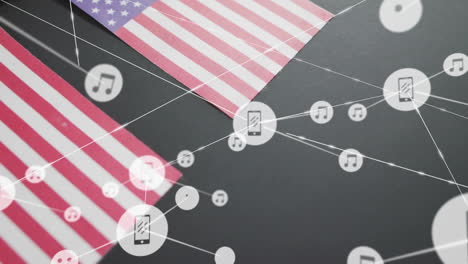 music and smartphone icons animation over american flags on dark background