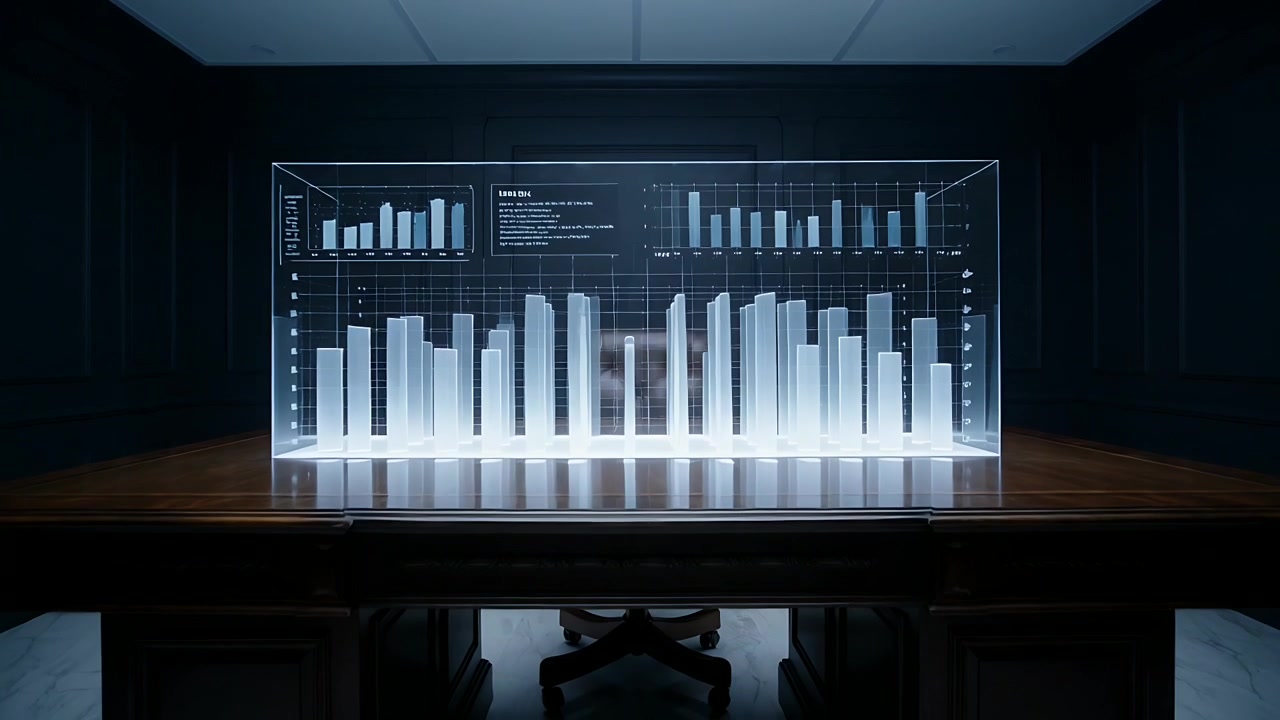 Bevegelig kamera avslører holografisk 3D-stolpediagram på konferansebord, pulserer for å vise data.