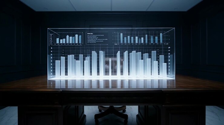Shifting camera revealing holographic 3D bar chart on conference table, pulsing to show data