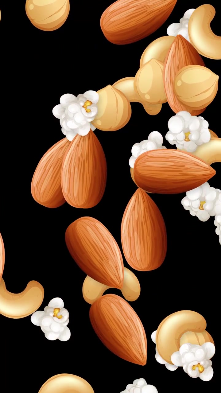 Assorted almonds, cashews, hazelnuts, and popcorn fall through a vertical frame against black background.