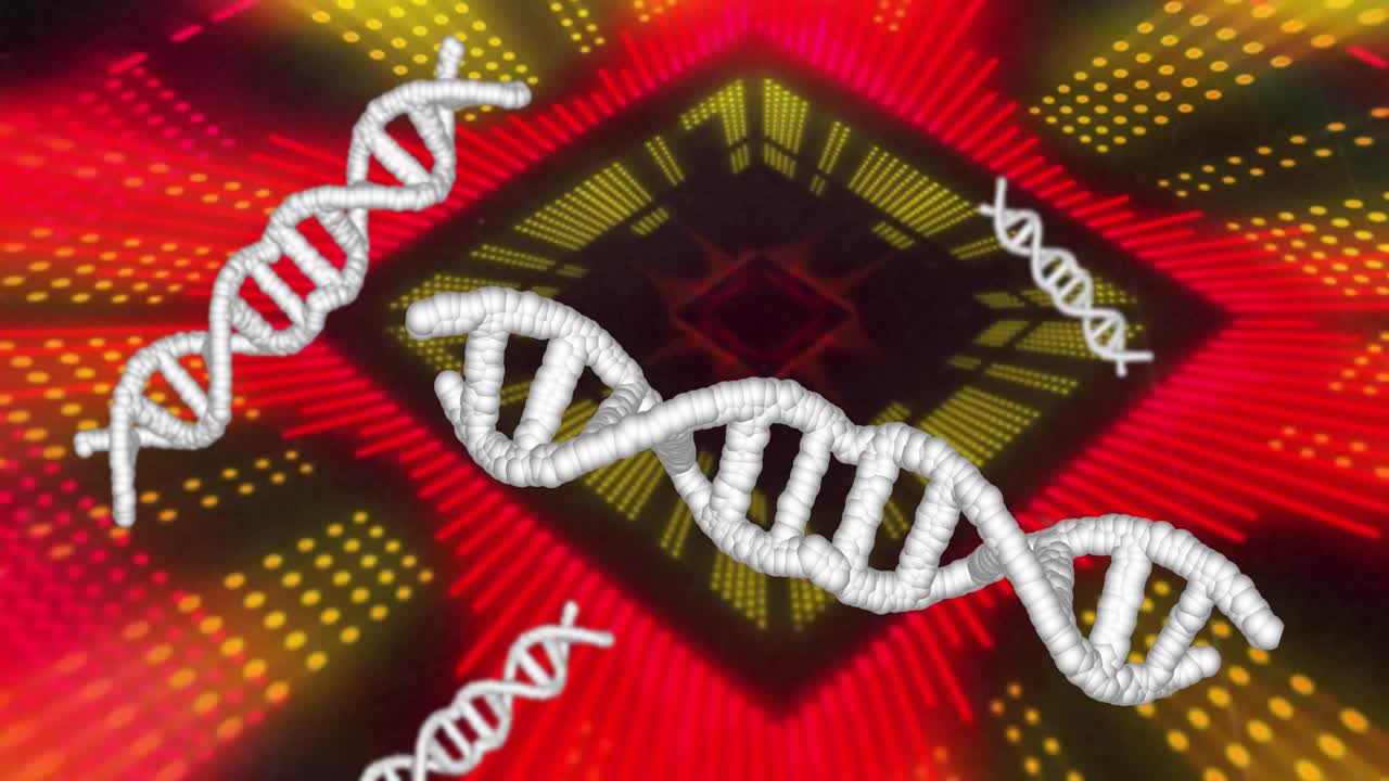 Pulserende puntmatrix lanceert een roterende witte DNA-helix, die zweeft om genetica in 3D-weergave te tonen.