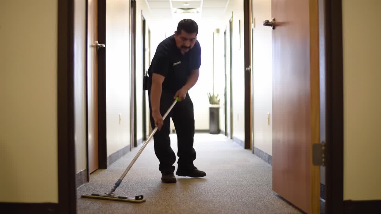 A Professional Attending to Floor Maintenance with Careful Attention in an Office Corridor: Ensuring Cleanliness and Hygiene in Workplace Environments