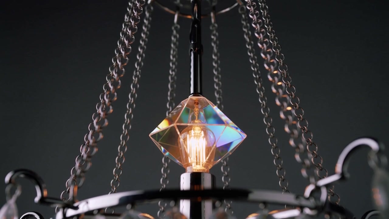Telecamera che si inclina e si alza mostrando un lampadario sul soffitto, rivelando un prisma di diamante che proietta luce sulle catene