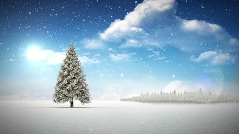 tree branches and snow falling over christmas tree on winter landscape against blue sky