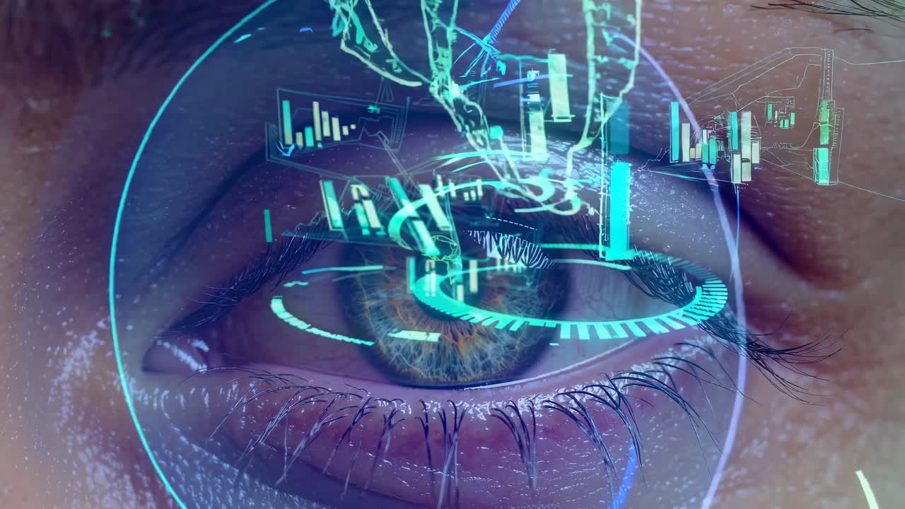 Close-up of a human eye with digital graphics overlay, suggesting a futuristic or cyber theme