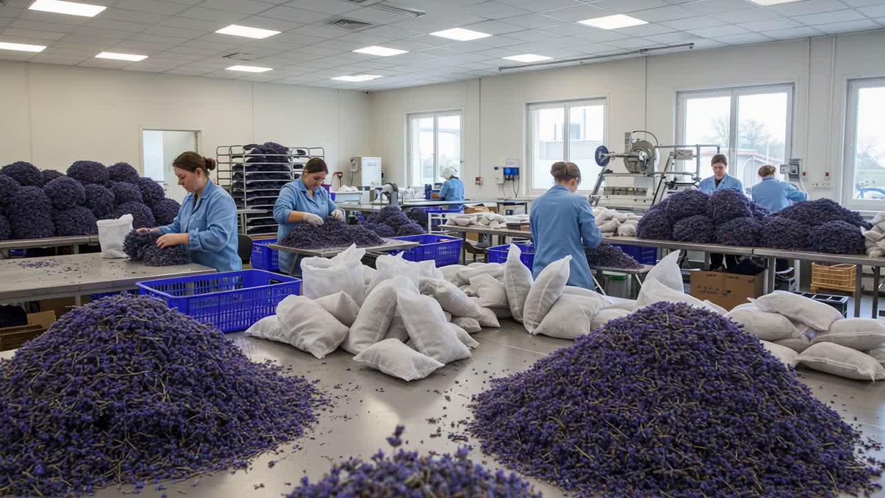 Workers Engaged in Sorting and Packing Lavender in a Flower Processing Facility, Highlighting the Artisanal Approach to Lavender Harvesting and Preparation