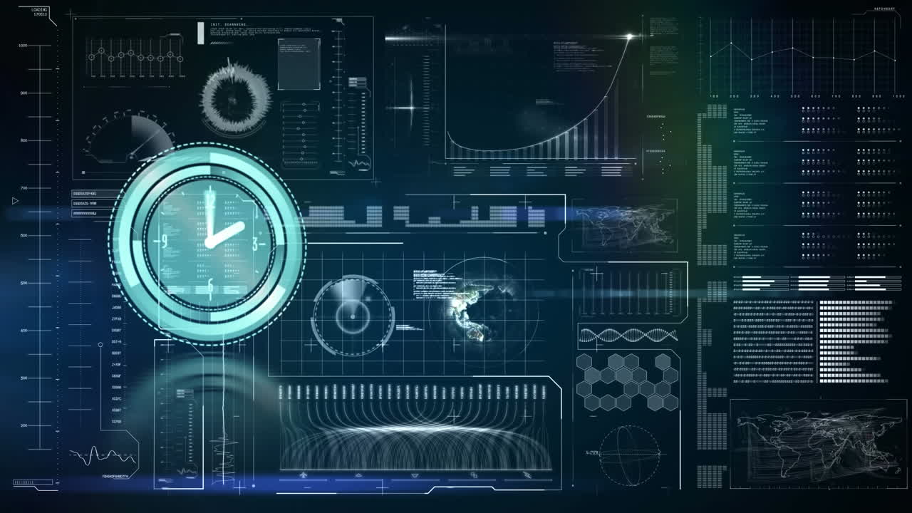 Animation of clock moving fast and data processing with globe on screen