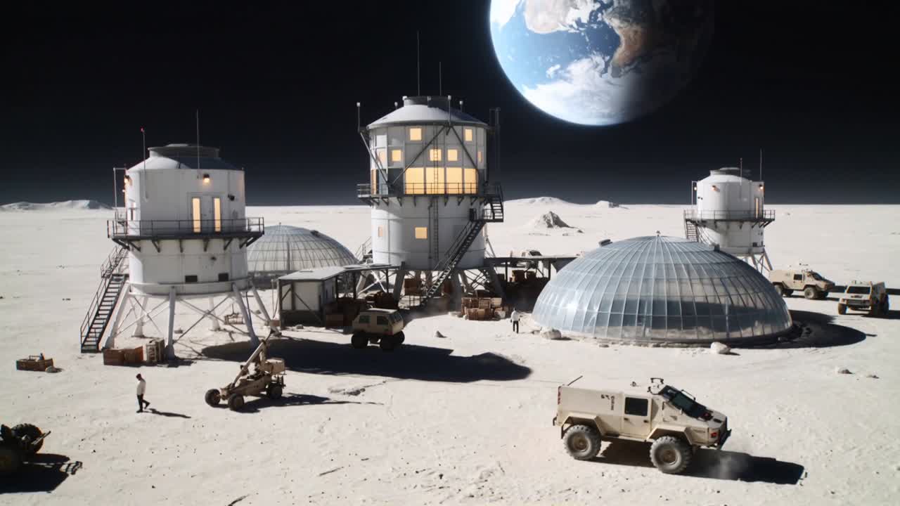 Reagindo a um sinal de rádio, um membro da tripulação em traje espacial caminha até o carregador perto das torres, verificando o rover.