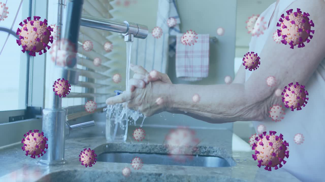 animación de células de covid sobre hombre de negocios en fondo oscuro