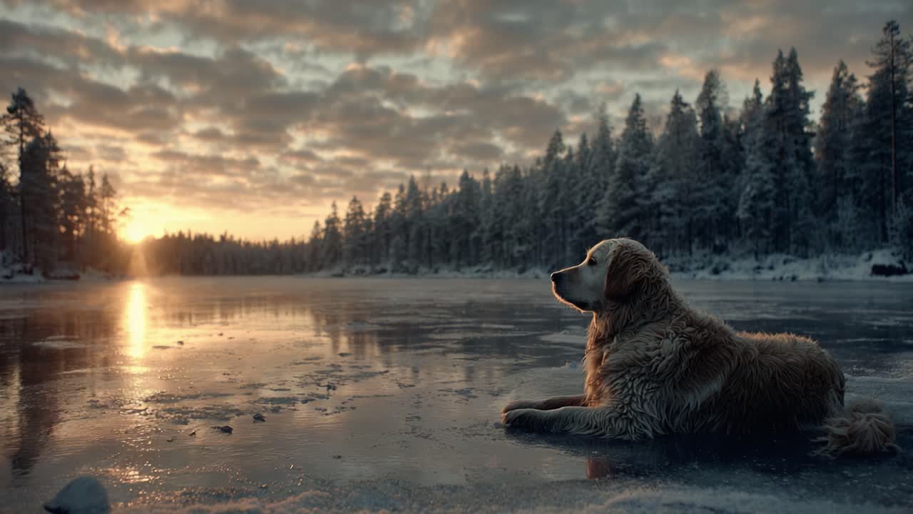 Un maestoso Golden Retriever che riposa vicino a un lago ghiacciato al tramonto, catturando l'essenza della tranquillità e della bellezza naturale in un paese delle meraviglie invernale