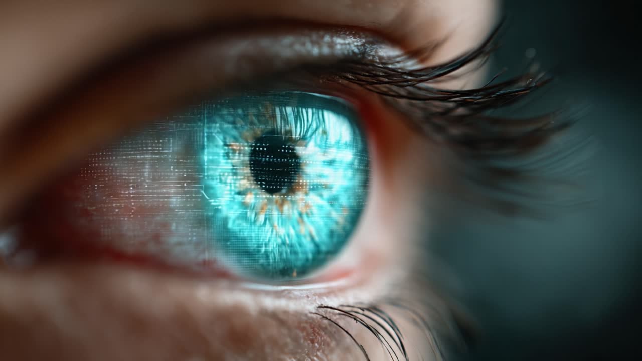 Un primo piano dell'occhio umano che rivela intricati motivi digitali e colori vivaci, mostrando una miscela unica di elementi naturali e tecnologici in dettagli vividi