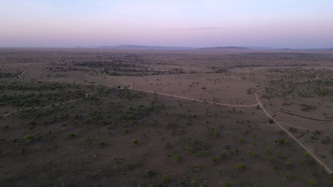 Afrikanisches-Serengeti-gelände-Mit-Unbefestigten-Straßen-Während-Der-Dämmerung,-Luftschwenk-Rechtsaufnahme