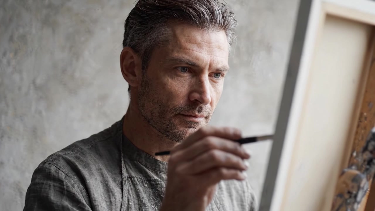 A Dedicated Artist Captivated by the Creation Process, Focusing on His Canvas and Brush as He Brings His Imagination to Life with Every Stroke of Paint