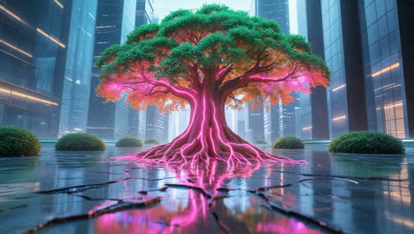 futuristic glowing tree in a cyber city