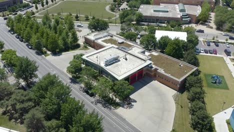 Aerial-Orbiting-Shot-Above-Chicago-Fire-Station-in-Summer