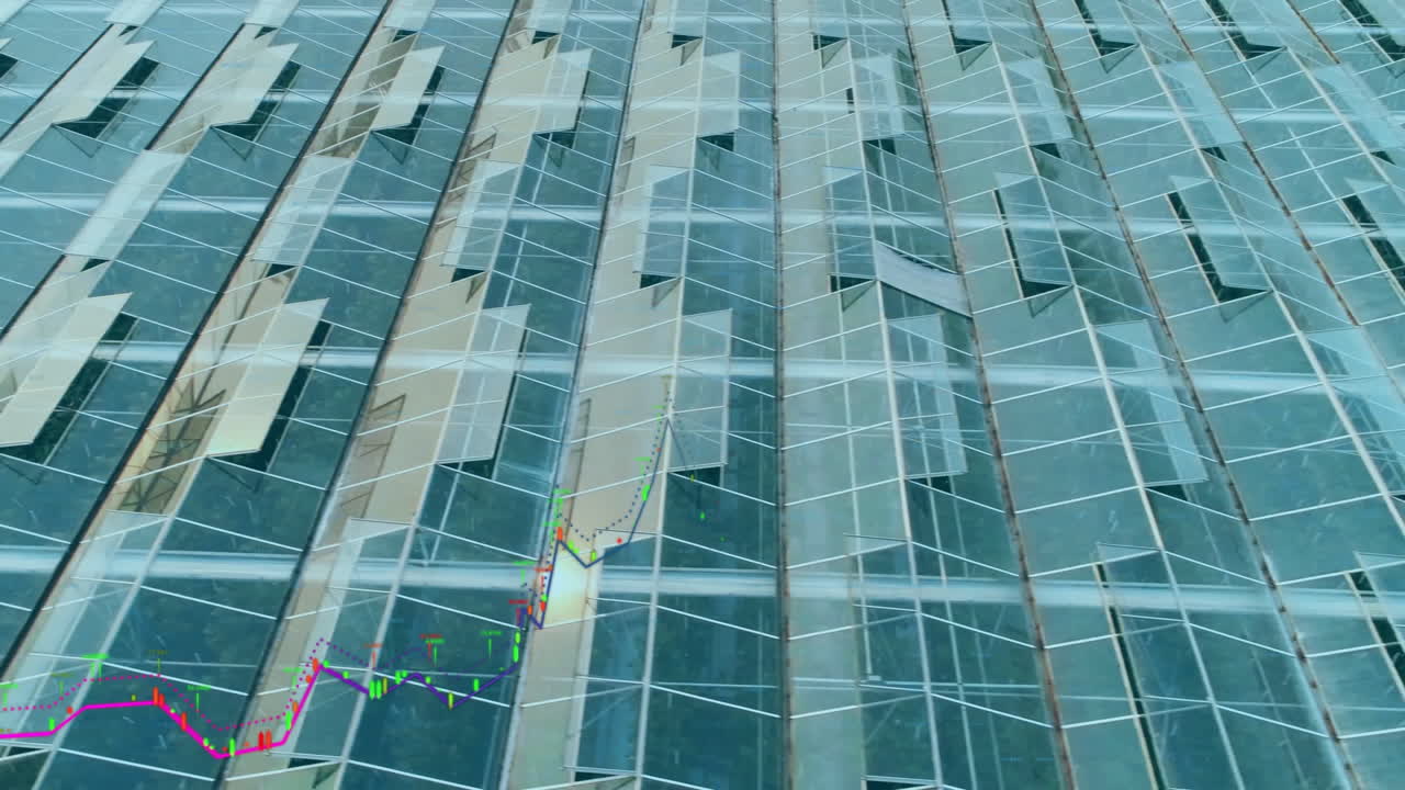 High-rise facade showing candlestick chart overlay in 3D render, highlighting teal glass panels